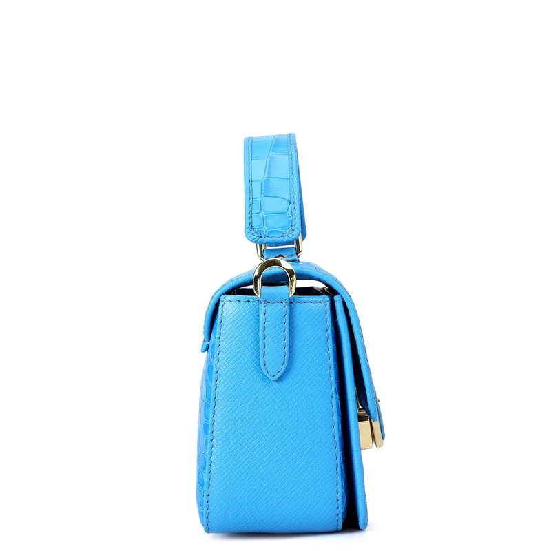 Da Milano Blue Small Croco Leather Satchel - Blue for Women | Best Price UAE